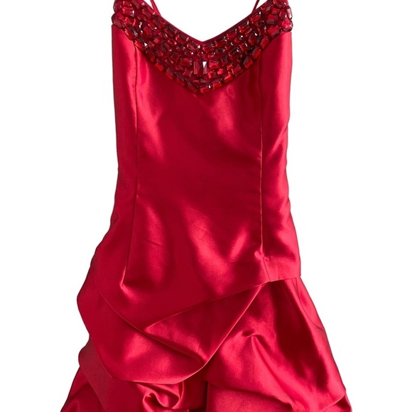 Jessica McClintock for Gunne Sax Red Bubble Dress String Crisscross Back - Picture 3 of 14